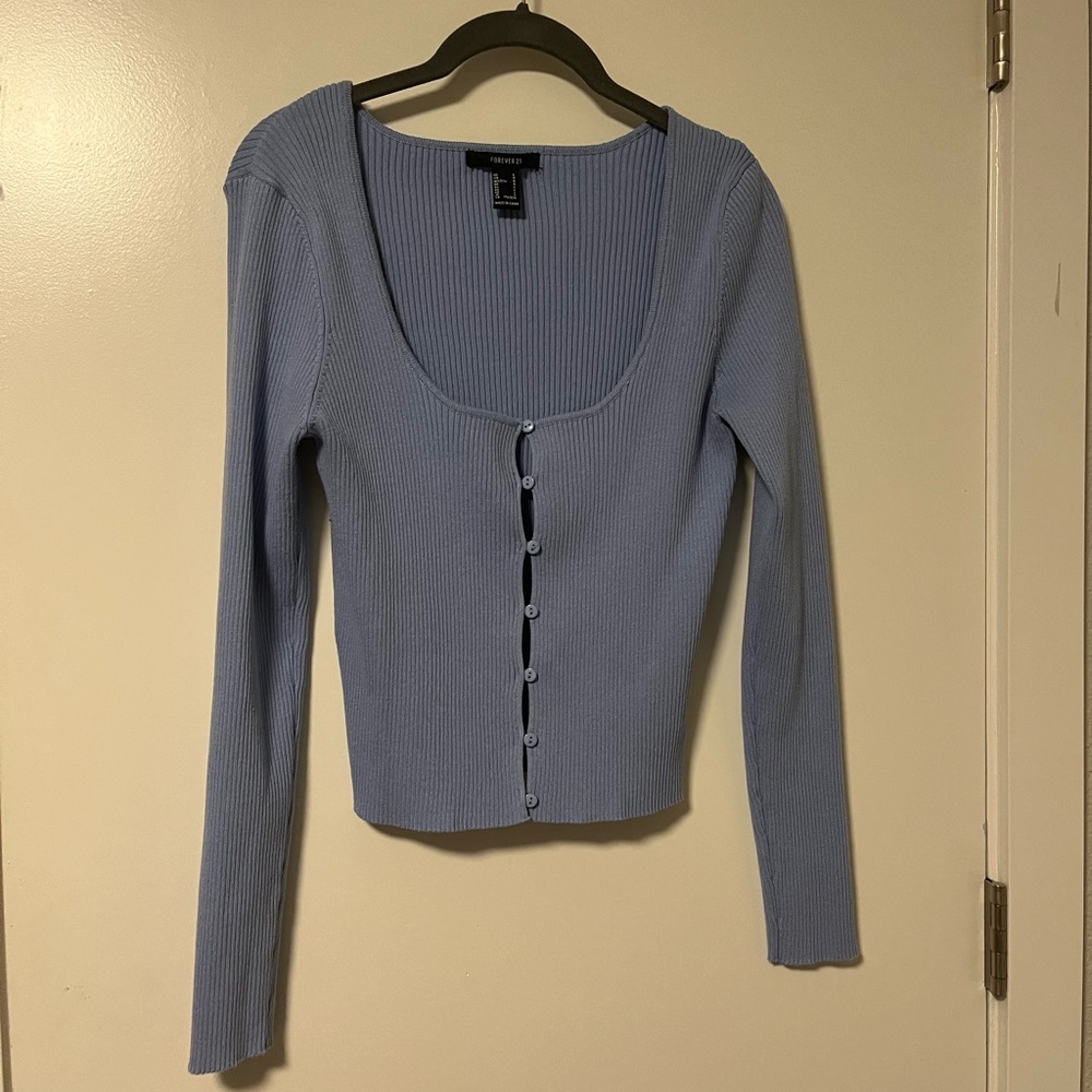 Women's Blue Ribbed Button-Up Cardigan